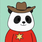 a panda bear wearing a cowboy hat and a sheriff 's star around his neck