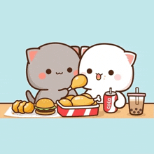 two cartoon cats are sitting at a table eating chicken and drinking cola
