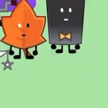 a group of cartoon characters standing next to each other on a grassy field .