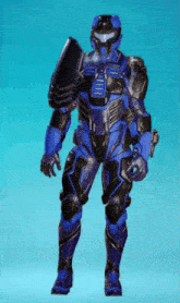 a blue and black armored figure with a shield and a gun
