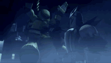 two teenage mutant ninja turtles are standing next to each other