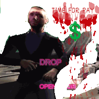 a man is standing in front of a sign that says time for pay drop and open