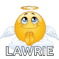 a smiley face with angel wings is sitting on a cloud with the name lawrie below it .