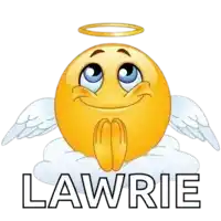 a smiley face with angel wings is sitting on a cloud with the name lawrie below it .