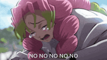 a girl with pink hair is crying with the words no no no no written below her
