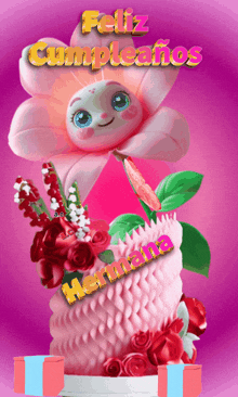 a birthday card for hermana with a pink flower on top of a pink cake