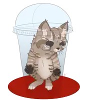 a drawing of a cat in a plastic cup with the letters hs on it