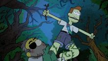 a cartoon character holding a stick in his mouth