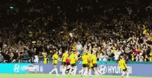 a group of soccer players on a field with hyundai advertisements behind them