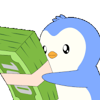a blue and white penguin is holding a stack of money with the number 110 on it