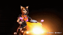 a girl with cat ears is riding a motorcycle in a video game called minimax