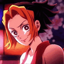 a close up of a cartoon character with orange hair and a red shirt