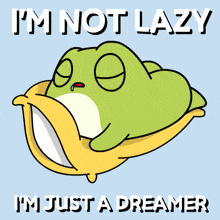 a frog is laying in a bowl with the words " i 'm not lazy i 'm just a dreamer "