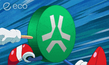 a cartoon character is holding a green circle with a white x on it