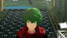 a girl with green hair and green eyes is standing on a set of stairs