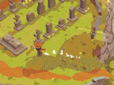 a pixel art drawing of a cemetery with graves and a person standing in the middle