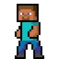 a pixel art of a man with a beard wearing a blue shirt and blue pants