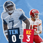 two football players standing next to each other holding signs that say ten 0 vs kc 3