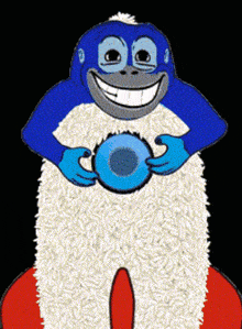 a blue and white cartoon monkey is holding a blue ball