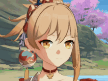a close up of a cartoon character 's face with a flower in her hair