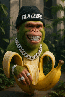 a green monkey wearing a black beanie with blazzard on it is holding a banana