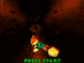 a video game screen shows a fox and the words press start below it