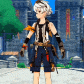 a cartoon character is standing in front of a building with a banner that says ' x ' on it