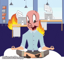 a cartoon of a man with a pig head meditating in front of a fire