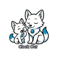 a sticker of two foxes with the words clock out on the bottom
