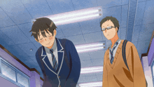 two anime characters are standing in a hallway and one has glasses