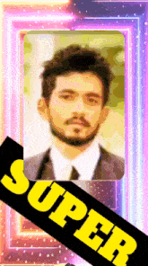 a picture of a man in a suit and tie with the word super in yellow