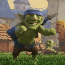 a cartoon goblin with a blue headband is standing in the grass .