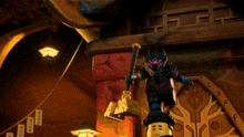 a cartoon character holding a large hammer stands in front of a building