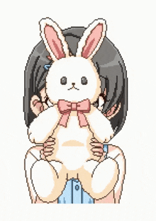 pixel art of a girl holding a stuffed rabbit