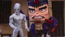 a robot is standing next to a cartoon character in a room .