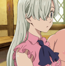 a girl with long white hair is wearing a pink shirt