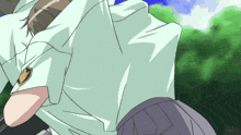 a girl in a white shirt and purple skirt has a badge on her shoulder