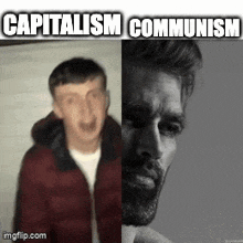a man in a red jacket and a man with a beard are standing next to each other in a meme .