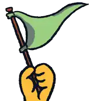 a cartoon drawing of a yellow object holding a green flag