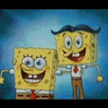two spongebob squarepants characters are standing next to each other and smiling