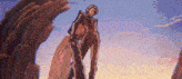 a pixel art drawing of a man standing on top of a rock .