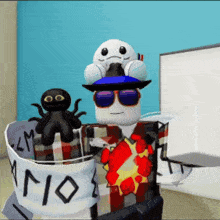 a cartoon character wearing sunglasses and a hat is holding a stuffed animal and a sign that says rio