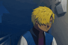 a man with yellow hair is standing in a dark room