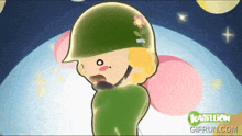 a cartoon of a soldier with a flower on his helmet and the words kabiillion gifrun.com below him