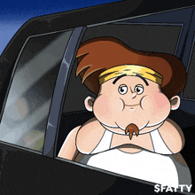 a cartoon of a fat man driving a car with the name shafty on the bottom