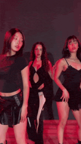 a group of women are dancing in front of a red background