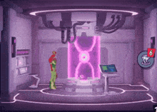 a cartoon character stands in a room with the number 6 on it