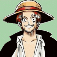a drawing of shanks from one piece wearing a straw hat and smiling .