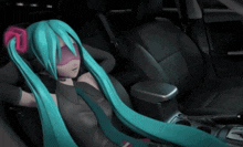 hatsune miku is sitting in the back seat of a car with her eyes closed