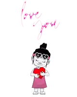 a girl wearing heart shaped sunglasses is holding a heart with the words love you written above her